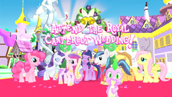 Size: 1280x720 | Tagged: safe, gameloft, applejack, discord, fluttershy, pinkie pie, princess cadance, rarity, shining armor, spike, twilight sparkle, alicorn, butterfly, dragon, earth pony, pegasus, pony, unicorn, g4, official, 3d, canterlot, female, game screencap, male, mare, stallion, statue discord, unicorn twilight, wedding