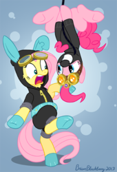 Size: 451x662 | Tagged: safe, artist:brianblackberry, fluttershy, pinkie pie, earth pony, pegasus, pony, g4, bunny ears, catsuit, clothes, dangerous mission outfit, female, flutterspy, goggles, hoodie, mare, ninja, pinkie spy, rope, underhoof, upside down