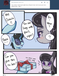 Size: 799x1017 | Tagged: safe, artist:hua, dj pon-3, neon lights, octavia melody, rising star, vinyl scratch, earth pony, pony, unicorn, ask trolltavia, g4, ask, comic, dialogue, female, male, mare, present, stallion, sunglasses