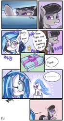 Size: 800x1500 | Tagged: safe, artist:hua, dj pon-3, octavia melody, vinyl scratch, earth pony, pony, unicorn, ask trolltavia, g4, ask, brushable, comic, emanata, female, headphones, present, toy, wub