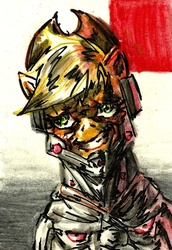 Size: 839x1216 | Tagged: safe, artist:ponetron, applejack, cyborg, g4, appleborg, crossover, konami, metal gear, not salmon, style emulation, sundowner, traditional art, trollface, wat, yoji shinkawa