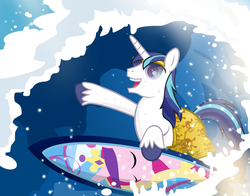 Size: 900x704 | Tagged: safe, artist:pixelkitties, princess cadance, shining armor, g4, clothes, shorts, sunglasses, surfboard, surfing, swimsuit, topless, water, wave