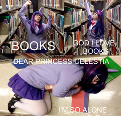 Size: 625x600 | Tagged: safe, artist:mintyblitzz, twilight sparkle, human, g4, book, cosplay, female, glasses, horn, horned humanization, i'm so alone, irl, irl human, library, meme, photo, that pony sure does love books