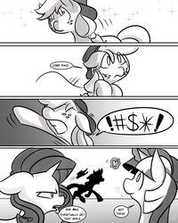 Size: 2400x3000 | Tagged: safe, artist:fauxsquared, applejack, rarity, twilight sparkle, g4, apple, comic, magic, monochrome, teasing, telekinesis