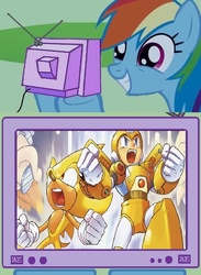 Size: 511x700 | Tagged: safe, rainbow dash, g4, archie comics, crossover, exploitable meme, mega man (series), meme, sonic the hedgehog, sonic the hedgehog (series), super sonic, tv meme, worlds collide