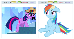 Size: 538x285 | Tagged: safe, rainbow dash, twilight sparkle, g4, exploitable meme, juxtaposition, juxtaposition win, moustache, sombrero