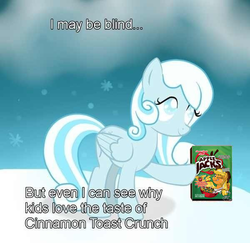 Size: 600x582 | Tagged: safe, artist:sweet-melody-as, applejack, oc, oc:snowdrop, pegasus, pony, g4, apple jacks, blind joke, cereal, cinnamon toast crunch, female, mare, solo, we are going to hell