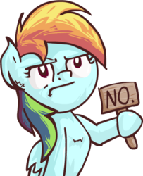 Size: 427x526 | Tagged: safe, artist:scrimpeh, rainbow dash, pegasus, pony, g4, :t, chest fluff, ear fluff, female, frown, glare, hoof hold, mare, no, reaction image, sign, simple background, solo, transparent background, unamused