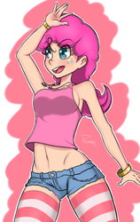 Size: 550x869 | Tagged: safe, artist:viewtifuljoex, pinkie pie, human, g4, alternative cutie mark placement, belly button, breasts, busty pinkie pie, clothes, daisy dukes, facial cutie mark, female, humanized, midriff, solo