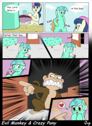 Size: 1200x1650 | Tagged: safe, artist:tikyotheenigma, bon bon, lyra heartstrings, sweetie drops, earth pony, pony, unicorn, g4, bag, bed, bedroom, bipedal, closet, comic, comic sans, crossover, cute, evil monkey, eyes on the prize, family guy, female, floppy ears, frown, gritted teeth, heart, looking back, lyrabetes, male, mare, open mouth, pointing, sharp teeth, smiling, teeth, wide eyes