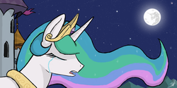 Size: 2000x1000 | Tagged: safe, artist:tomazii7, princess celestia, pony, g4, crying, female, mare in the moon, moon, night, solo