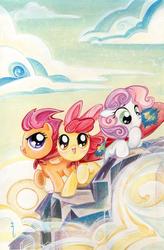 Size: 670x1024 | Tagged: safe, artist:sara richard, idw, apple bloom, scootaloo, sweetie belle, g4, cape, clothes, cmc cape, cover, cutie mark crusaders, mountain climbing, rock climbing