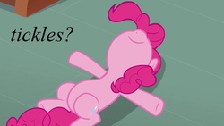 Size: 1280x720 | Tagged: safe, pinkie pie, g4, my little pony: friendship is magic, too many pinkie pies, belly, bellyrubs, image macro, nose in the air, text, tickling