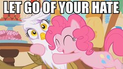 Size: 960x540 | Tagged: safe, edit, edited screencap, screencap, gilda, pinkie pie, griffon, g4, griffon the brush off, my little pony: friendship is magic, artifact, hug, image macro, let go of your hate