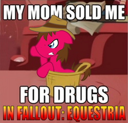 Size: 466x450 | Tagged: safe, oc, oc only, oc:cherry pie, fallout equestria, fallout equestria: new pegas, basket, caption, drugs, image macro, pony in a basket