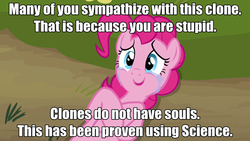 Size: 640x360 | Tagged: safe, edit, edited screencap, screencap, pinkie pie, earth pony, pony, g4, too many pinkie pies, clone, crying, female, mare, meta, on back, op is a duck, pinkie clone, pinkie clone debate, pinkie tyrone, solo, soulless, tears of joy