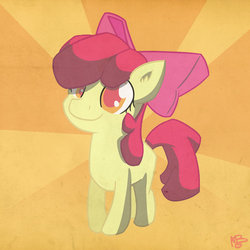 Size: 1024x1024 | Tagged: dead source, safe, artist:derpiliciouspony, apple bloom, earth pony, pony, g4, abstract background, apple bloom's bow, bow, female, filly, hair bow, signature, smiling, solo