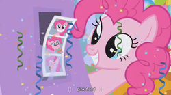 Size: 853x474 | Tagged: safe, screencap, pinkie pie, earth pony, pony, g4, season 1, the ticket master, female, grin, mare, photo booth, pink floyd, pinkie's gala fantasy song, smiling, solo, streamers, wrong, youtube caption