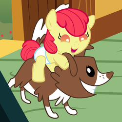Size: 1080x1080 | Tagged: safe, artist:beavernator, apple bloom, winona, dog, earth pony, pony, g4, adorabloom, apple bloom riding winona, baby, baby apple bloom, baby pony, cute, diaper, foal, puppy, riding, winonabetes, younger