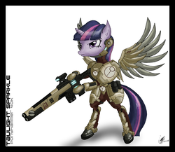 Size: 5891x5115 | Tagged: safe, artist:great-5, twilight sparkle, alicorn, pony, tau, g4, absurd resolution, armor, crossover, female, fire warrior, mare, ponies with guns, pulse rifle, tau empire, taulight sparkle, twilight sparkle (alicorn), warhammer (game), warhammer 40k