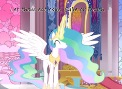 Size: 800x583 | Tagged: safe, princess celestia, alicorn, pony, g4, cake, cake or death, eddie izzard, female, insane pony thread, mare, solo, spread wings, wings