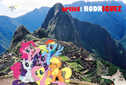 Size: 800x536 | Tagged: safe, artist:rodriguez, applejack, derpy hooves, fluttershy, pinkie pie, rainbow dash, rarity, twilight sparkle, pegasus, pony, g4, female, machu picchu, mare, ola k ase, peruvian