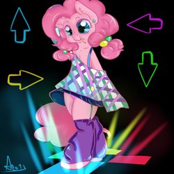 Size: 1280x1280 | Tagged: safe, artist:arnachy, pinkie pie, earth pony, pony, g4, bipedal, clothes, dress, leg warmers, pink underwear, underwear