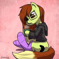 Size: 1000x1000 | Tagged: safe, artist:draneas, oc, oc only, earth pony, pony, clothes, cup, female, freckles, glasses, hoodie, mare, sitting, socks, tea