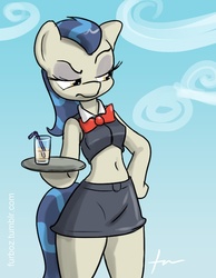 Size: 762x981 | Tagged: safe, artist:furboz, horte cuisine, savoir fare, earth pony, anthro, semi-anthro, g4, 30 minute art challenge, arm hooves, belly button, clothes, rule 63, sports bra, waitress