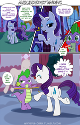 Size: 773x1200 | Tagged: safe, artist:pia-sama, rarity, spike, dragon, pony, unicorn, g4, bait and switch, blushing, butt, carousel boutique, comic, female, glasses, male, mare, measuring tape, pixiv, plot, rarity's glasses, ship:sparity, shipping, straight, wink