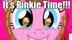Size: 1280x719 | Tagged: safe, edit, edited screencap, screencap, applejack, pinkie pie, g4, party of one, caption, eyes, image macro, inverted mouth, reflection, smiling