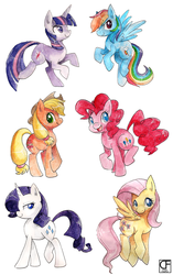 Size: 1408x2248 | Tagged: safe, artist:sharmie, applejack, fluttershy, pinkie pie, rainbow dash, rarity, twilight sparkle, g4, mane six, paint, painting, traditional art, watercolor painting