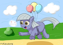 Size: 500x364 | Tagged: safe, artist:ratwhiskers, limestone pie, earth pony, pony, g4, balloon, cute, female, flying, happy, limabetes, mare, open mouth