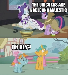 Size: 453x499 | Tagged: safe, edit, edited screencap, screencap, clover the clever, princess platinum, rarity, snails, snips, twilight sparkle, pony, unicorn, boast busters, g4, hearth's warming eve (episode), season 1, season 2, colt, female, foal, hub logo, image macro, male, mare, o rly, unicorn master race, unicorn twilight