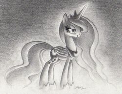 Size: 1306x1013 | Tagged: safe, artist:deathcutlet, princess luna, pony, g4, female, grayscale, monochrome, solo, traditional art