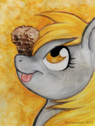 Size: 526x700 | Tagged: safe, artist:neonpossum, derpy hooves, pegasus, pony, g4, female, mare, muffin, painting, solo, tongue out, traditional art