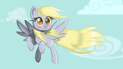 Size: 1920x1080 | Tagged: safe, artist:deathnyan, derpy hooves, pegasus, pony, g4, blushing, cloud, cloudy, female, mare, solo, wallpaper, windswept mane