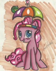 Size: 2029x2585 | Tagged: safe, artist:dracosia, pinkie pie, frog, g4, hat, traditional art, umbrella hat