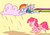 Size: 2300x1600 | Tagged: safe, artist:kty159, pinkie pie, rainbow dash, earth pony, pegasus, pony, g4, chase, chocolate rain, cloud, duo, duo female, female, flying, licking, licking lips, mare, rainbow trail, running, simple background, spread wings, tongue out, wings, yellow background