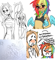 Size: 893x967 | Tagged: safe, artist:costly, fluttershy, rainbow dash, human, g4, delicious flat chest, eared humanization, humanized, rainbow flat, sketch dump, tailed humanization, winged humanization