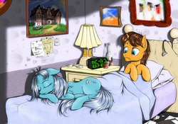 Size: 1285x900 | Tagged: safe, artist:madhotaru, doctor horse, doctor stable, screw loose, earth pony, pony, g4, bed, bedroom, cute, duo, female, male, mare, morning ponies, sleeping, stallion