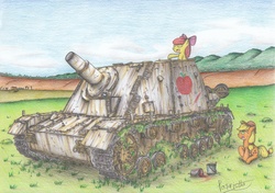 Size: 2332x1639 | Tagged: safe, artist:patoriotto, apple bloom, applejack, earth pony, pony, g4, assault gun, brummbar, female, filly, foal, mare, paint, sturmpanzer iv, tank (vehicle), traditional art