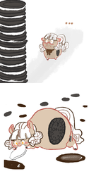 Size: 576x1060 | Tagged: safe, artist:mt, oc, oc only, oc:double stuf, food pony, original species, chubby, comic, eating, fat, impossibly large butt, oreo