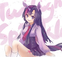 Size: 900x820 | Tagged: safe, artist:flyleaf, twilight sparkle, human, g4, cute, eared humanization, female, horn, horned humanization, humanized, necktie, pixiv, sitting, smiling, solo, tailed humanization, twiabetes