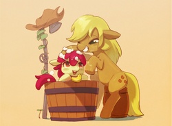 Size: 1280x940 | Tagged: safe, artist:nekomonaka, apple bloom, applejack, g4, bath, bathing, cottagecore, cute, rubber duck