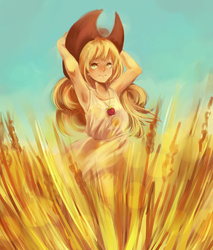 Size: 2064x2427 | Tagged: safe, artist:palchidirenna, applejack, human, g4, apple necklace, clothes, dress, female, food, hat, humanized, jewelry, necklace, solo, standing, wheat
