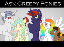 Size: 1272x941 | Tagged: safe, artist:aisu-isme, oc, oc only, oc:artbeat, oc:candle wicked, oc:dr. x-ray, oc:kala marie, oc:tick tock, original species, ask the creepy ponies, cephy, creepy ponies, curved horn, horn