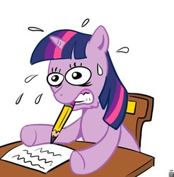 Size: 837x852 | Tagged: artist needed, dead source, source needed, useless source url, safe, twilight sparkle, g4, letter, mouth hold, pencil, plewds, struggle, struggling, sweat, writing