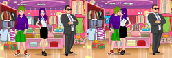 Size: 1270x430 | Tagged: safe, rarity, spike, g4, bodyguard, clothes, female, hat, hoodie, humanized, kissing, male, mall, necktie, older, present, purse, secret service, ship:sparity, shop, store, straight, suit, sunglasses, wat