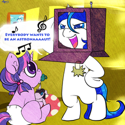 Size: 1500x1500 | Tagged: safe, artist:arnachy, shining armor, smarty pants, twilight sparkle, pony, g4, astronaut, baby, baby pony, babylight sparkle, bipedal, colt, diaper, filly, foal, pacifier, royal republic, singing